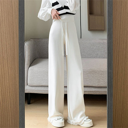 VLOVELAW Knitted fringed wide-leg pants women's New autumn and winter new high-waisted casual straight-leg pants soft waxy mopping long pants
