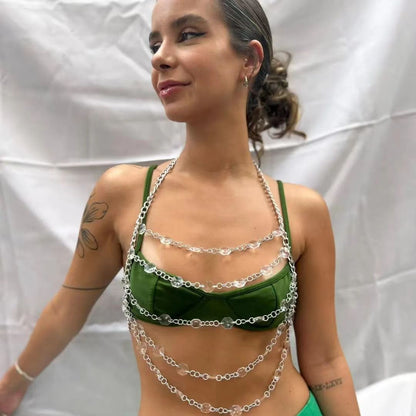 2025  180277 2025 vest transparent crystal metal chain splicing multi-layer wave hollow chest wrap small vest body chain