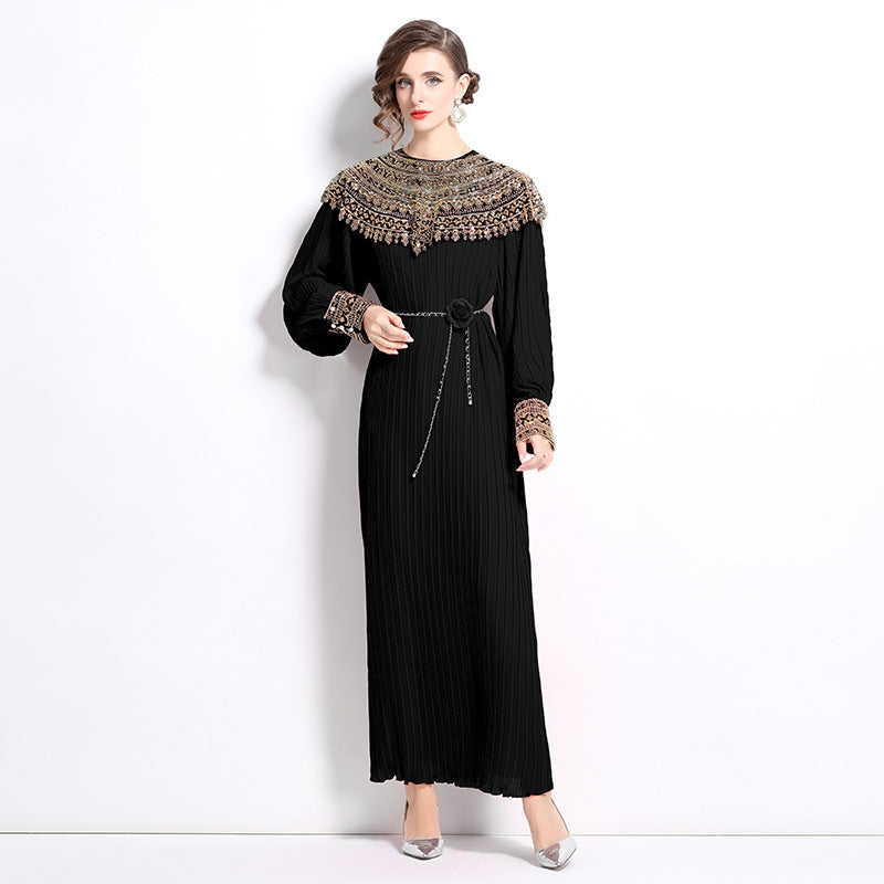 senior celebrity Fan Heavy Industry bead dress skirt temperament imperial sister Fan lantern sleeve pleated loose long dress