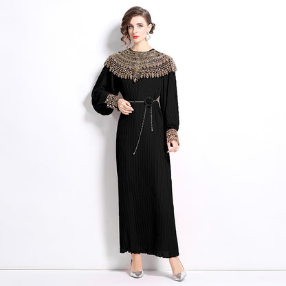senior celebrity Fan Heavy Industry bead dress skirt temperament imperial sister Fan lantern sleeve pleated loose long dress