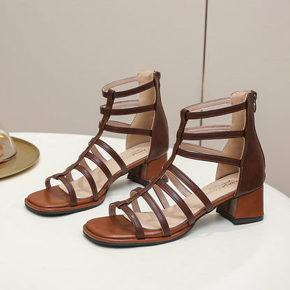 Foreign Trade Sandal Boots Wholesale  Summer New Fashion Pitcher Plant Shoes Square Toe Hollow Thin Strap Thick High Heel Roman Sandals for Women