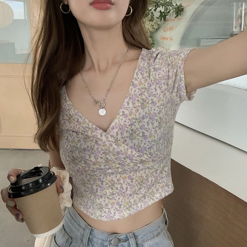 VLOVELAW American Retro Floral Cross V-neck Slim Fit Short Midriff-Baring Short-Sleeved T-shirt Women's Top  Summer New Fashion