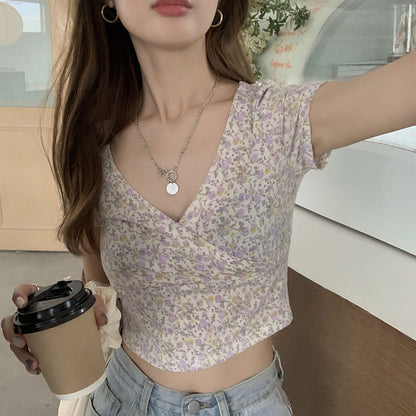 VLOVELAW American Retro Floral Cross V-neck Slim Fit Short Midriff-Baring Short-Sleeved T-shirt Women's Top  Summer New Fashion