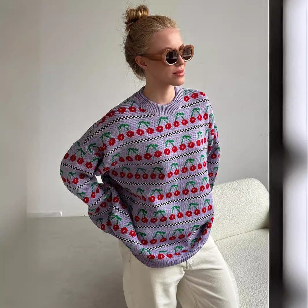 KKBOXLY Cross-border crew neck cherry sweater 2025 New autumn new medium and long retro knitted cherry crew neck sweater