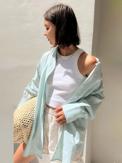 VLOVELAW  striped shirt 2025 popular autumn and winter new casual loose sugar macaron medium and long striped shirt