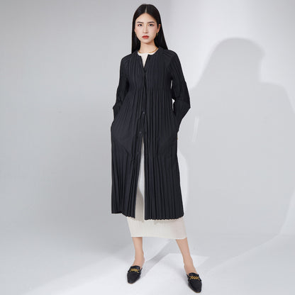 2025 black coat women's simple and versatile high-end pleated trench coat women's medium and long autumn new loose coat