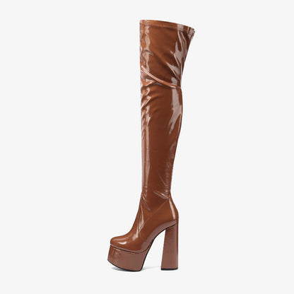 Cross-Border Foreign Trade Fashion New Chunky Heel Waterproof Platform Patent Leather round Toe High Heel White over-the-Knee Boots plus Size Women's Boots 45