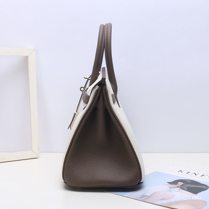 VLOVELAW 2025 Contrast color leather platinum bag lychee pattern first layer cowhide large capacity handbag fashion color matching shoulder messenger bag women