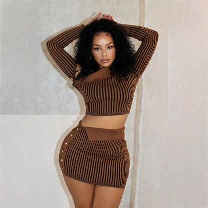 2025 Cross-border slanted shoulder vertical stripe short woolen suit women's skirt autumn and winter fashion tight skirt suit women's clothing high sense