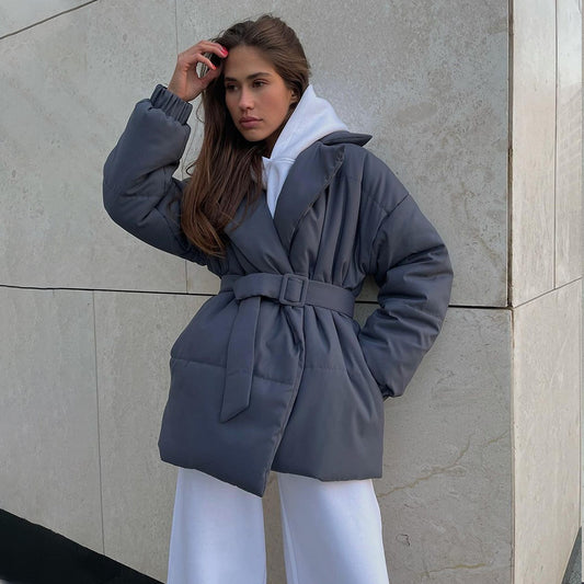 KKBOXLY Cross-border lapel cotton clothes, 2025 New winter new thickened and thin waist cotton clothes, solid color belt cotton clothes jacket