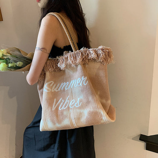 VLOVELAW Customized Cross-Border New Arrival Bag Women's Korean-Style Letter Tassel Canvas Bag Large Capacity Simple Student Shoulder Tote Bag