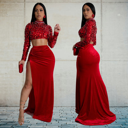 2025 C7190     fashion women's clothing sequins sexy long-sleeved split skirt two-piece set