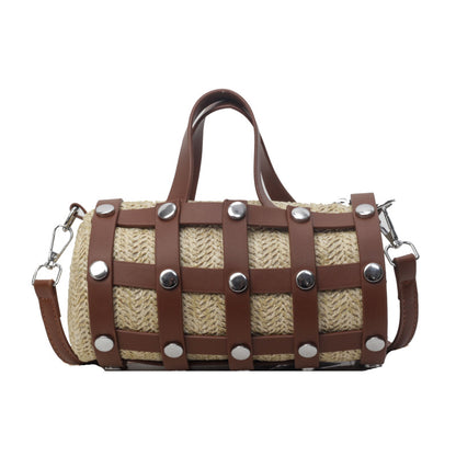 VLOVELAW 2025 Straw rivet pillow bag women's popular new fashion versatile shoulder messenger bag Korean version niche portable cylinder bag