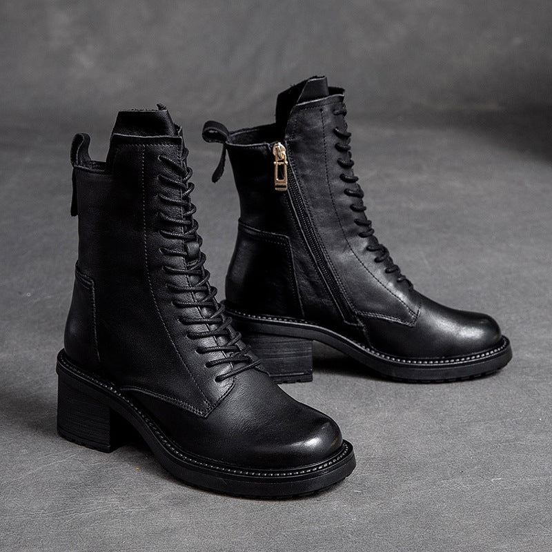 Shanghai Jie Shu Autumn New round Head Chunky Heel Cowhide in Stock Fashion Martin Boots Mid-High Heel Side Zipper Smoke Pipe Boots
