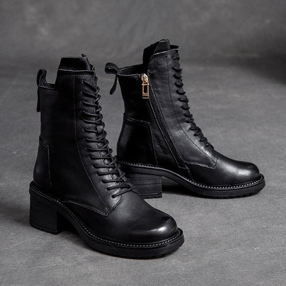 Shanghai Jie Shu Autumn New round Head Chunky Heel Cowhide in Stock Fashion Martin Boots Mid-High Heel Side Zipper Smoke Pipe Boots