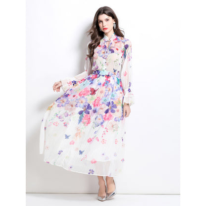 celebrities high-end lace-up flared sleeves printed chiffon top women's high waist hanging big swing skirt set