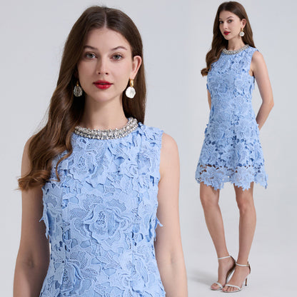 Retro blue diamond hollow three-dimensional lace temperament thin high-end dress short skirt temperament dress skirt