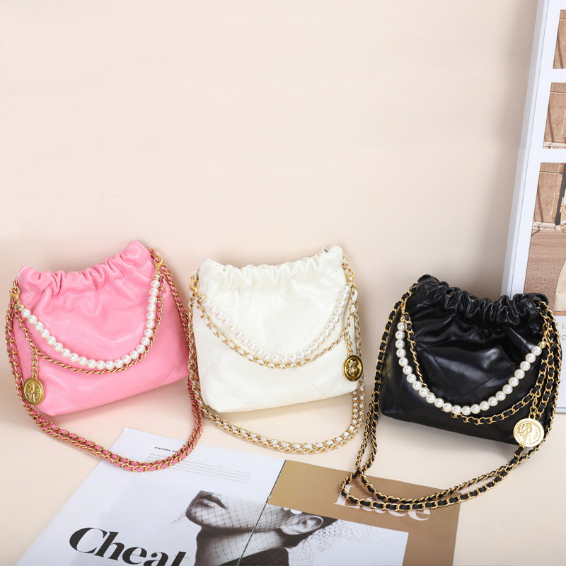 VLOVELAW 2025 New fashion gold coin hippie bag genuine leather rhombus chain shoulder messenger bag women's first layer cowhide pearl bucket bag