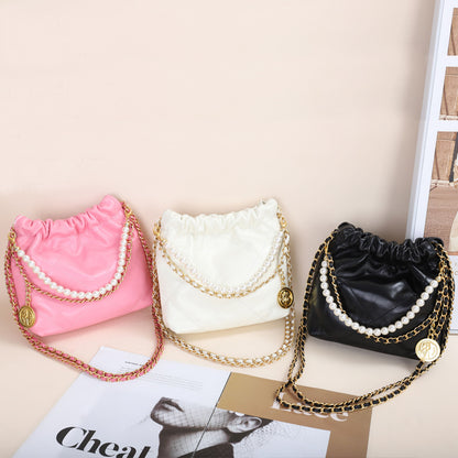 VLOVELAW 2025 New fashion gold coin hippie bag genuine leather rhombus chain shoulder messenger bag women's first layer cowhide pearl bucket bag