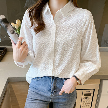 Lace lace lapel white shirt women's long sleeves popular autumn new cotton embroidered top temperament lady shirt