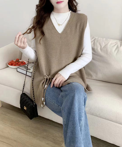 VLOVELAW Spring and Autumn New Sweater Women's Vest Knitted Vest Lazy V-Neck Loose Lace-up Cover Over Vest Wear Outside