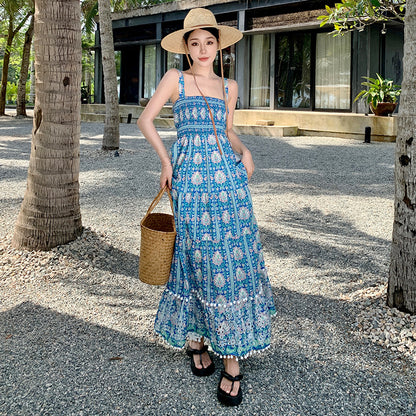 2025 Summer new ethnic style suspender skirt women's high waist hollow embroidery printing dress Sanya seaside vacation dress