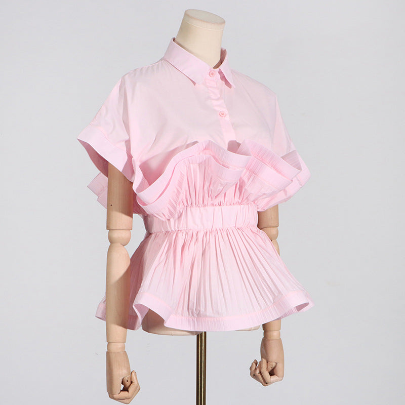 2025 spring new fashion lapel ruffle edge splicing design sense waist thin high-end short-sleeved shirt women