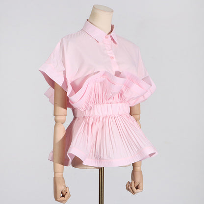 2025 spring new fashion lapel ruffle edge splicing design sense waist thin high-end short-sleeved shirt women