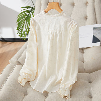 direct sales apricot embroidered shirt women's long sleeves  spring new lace top pure cotton embroidered white shirt