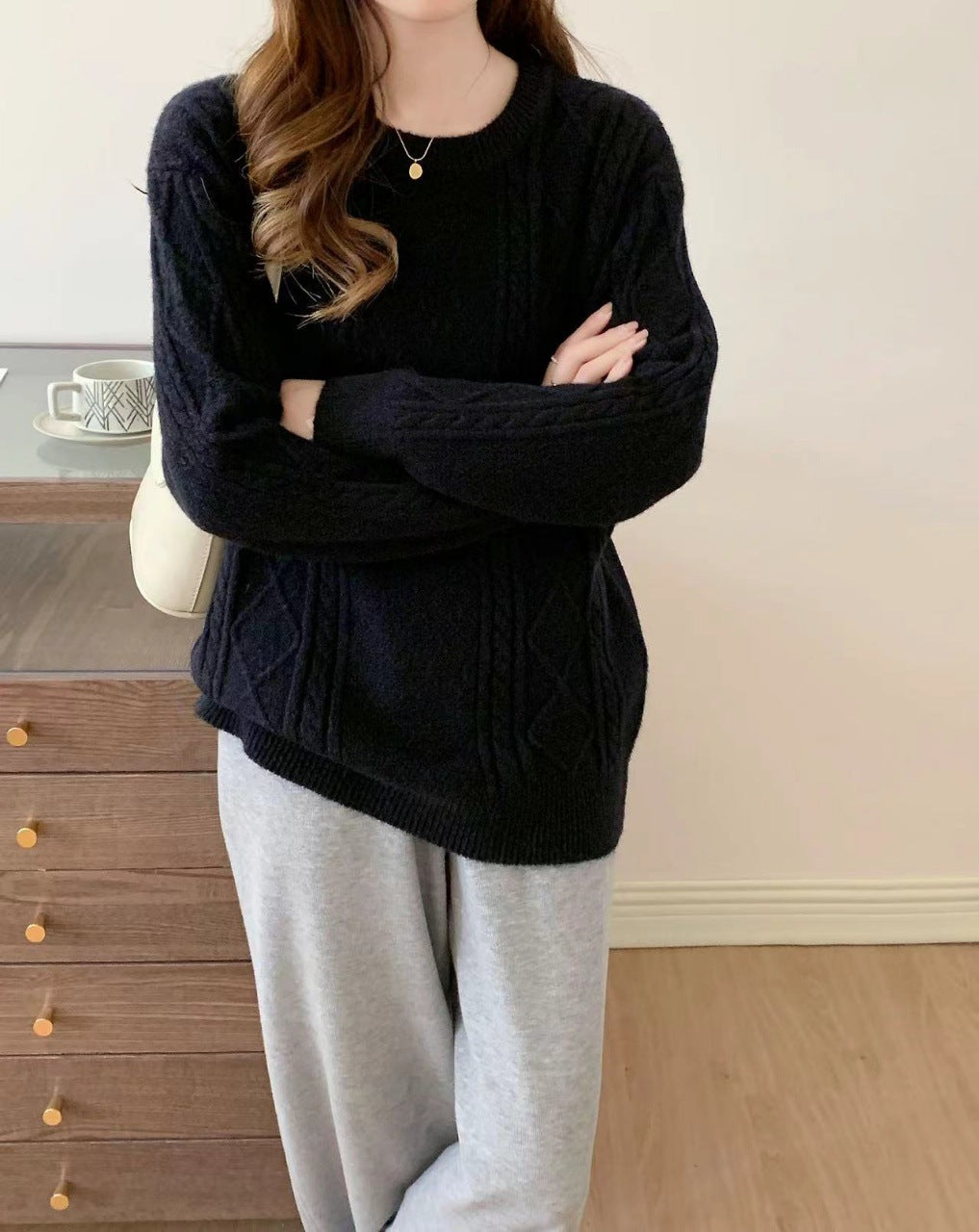 VLOVELAW New autumn and winter new women's clothing loose round neck pullover sweater women's rhombus lazy wind long-sleeved knitted sweater women's top
