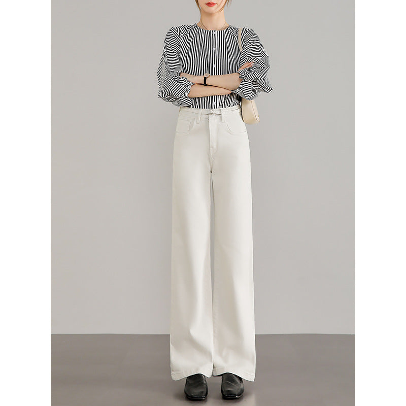 2025  High-quality imported fabric white straight jeans women's small high waist comfortable and thin straight wide-leg pants