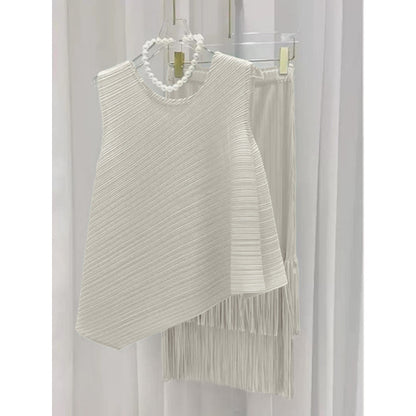 Miyake fashion pleated suit women's summer style Popular style sweet irregular vest top fringed skirt two-piece set