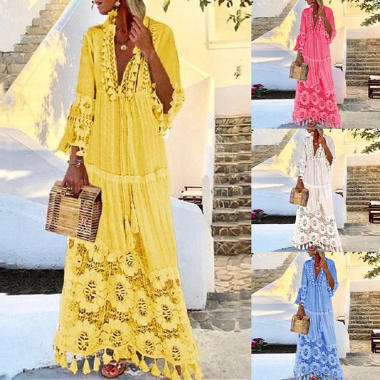 VLOVELAW Spring and Summer European and American Long Dress Bohemian Style V-neck Lace Tassel Stitching Beach Vacation Temperament Dress