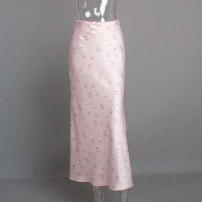 KKBOXLY Cross-border printed skirt Europe, America New spring and summer new temperament floral satin printing drape high waist skirt