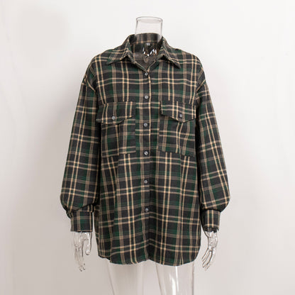 KKBOXLY Plaid shirt women's 2025 cross-border New autumn new American retro double pocket plaid striped medium and long shirt