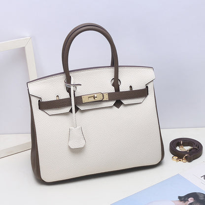 VLOVELAW 2025 Contrast color leather platinum bag lychee pattern first layer cowhide large capacity handbag fashion color matching shoulder messenger bag women