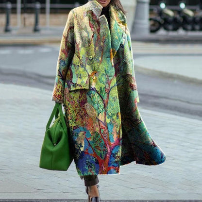 In stock! New autumn and winter new women's clothing loose large size printed trench coat lapel coat coat women