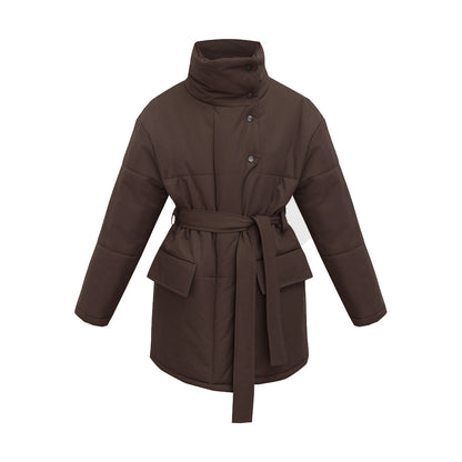 KKBOXLY Cross-border stand-up collar cotton jacket, 2025 New autumn and winter new temperament belt irregular medium and long cotton jacket