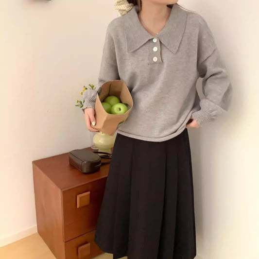 VLOVELAW Japanese short lapel sweater women's New autumn and winter new student loose pullover lazy wind knitted sweater top women