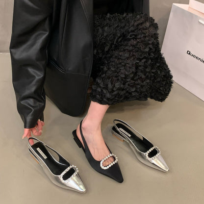 VLOVELAW  Style Chunky Heel Niche Closed Toe Sandals Women's Shoes  New Summer Silver Temperament Rhinestone Pointed Toe Shoes