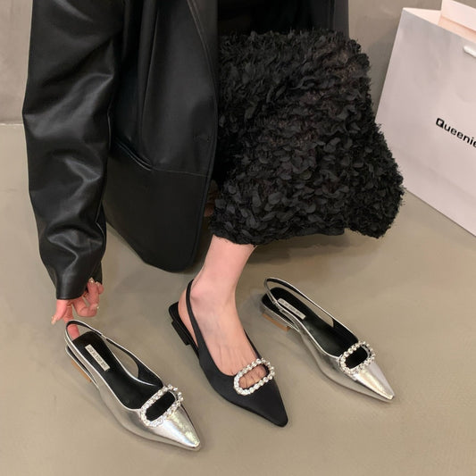 VLOVELAW  Style Chunky Heel Niche Closed Toe Sandals Women's Shoes  New Summer Silver Temperament Rhinestone Pointed Toe Shoes