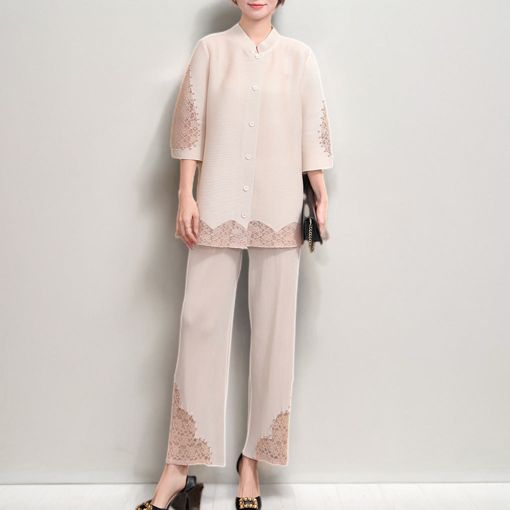 2025 Mom dress two-piece set loose large size lace versatile cardigan top straight pants casual suit spring