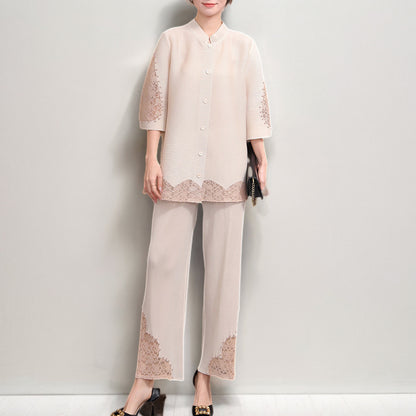 2025 Mom dress two-piece set loose large size lace versatile cardigan top straight pants casual suit spring