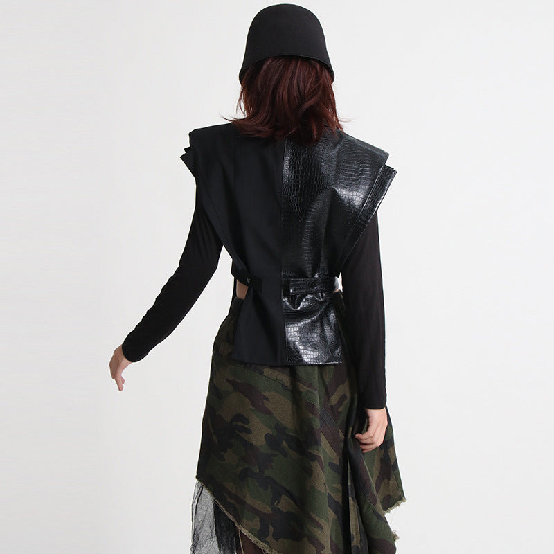 2025 spring new leather splicing design sense waist thin vest women's fashion temperament outside wear vest jacket