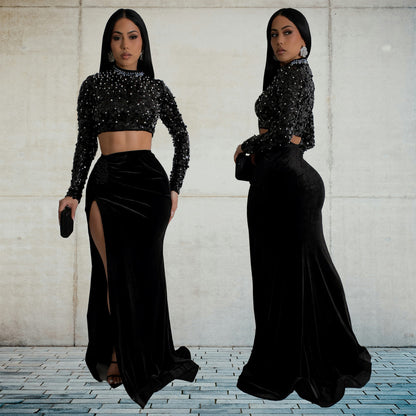 2025 C7190     fashion women's clothing sequins sexy long-sleeved split skirt two-piece set