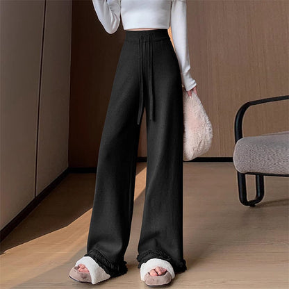VLOVELAW Knitted fringed wide-leg pants women's New autumn and winter new high-waisted casual straight-leg pants soft waxy mopping long pants