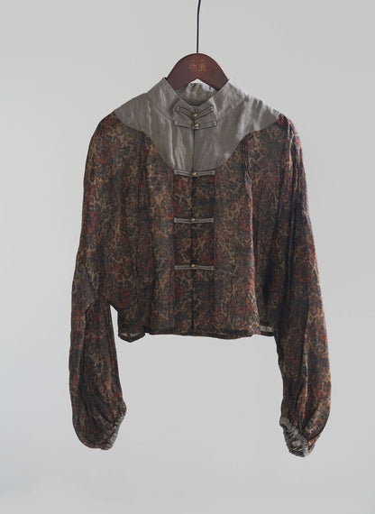 retro ultra-short digital printing ramie stand-up collar top, Guochao Hong Kong flavor cloud shoulder shirt jacket S22247