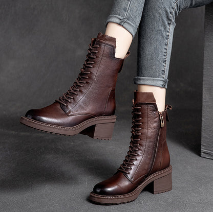 Shanghai Jie Shu Autumn New round Head Chunky Heel Cowhide in Stock Fashion Martin Boots Mid-High Heel Side Zipper Smoke Pipe Boots
