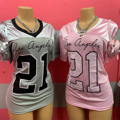new New fashion street printing contrasting colors loose casual short-sleeved top V-neck sports style T-shirt women's clothing