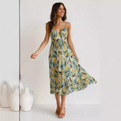 VLOVELAW European and American   Summer New Women's Printing Ruffle Sleeveless Dress